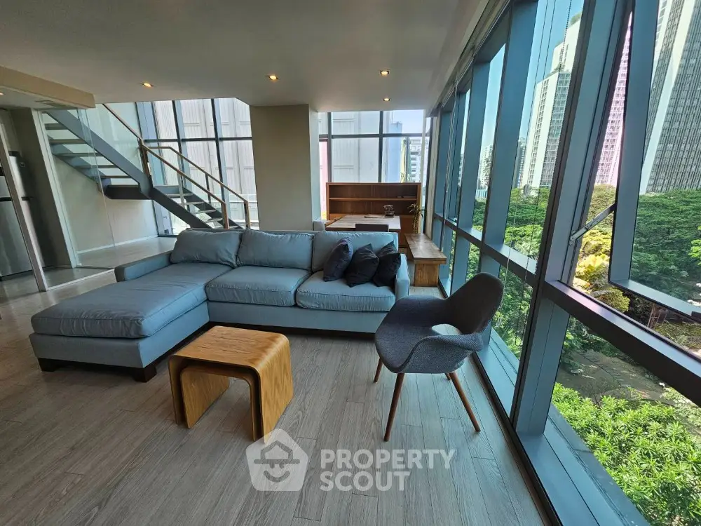 Luxurious modern living room with panoramic city views and stylish furniture