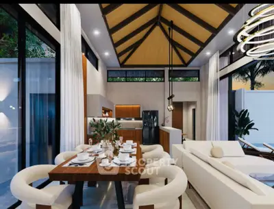 Luxurious open-plan living room with high ceilings and elegant dining area in modern villa.