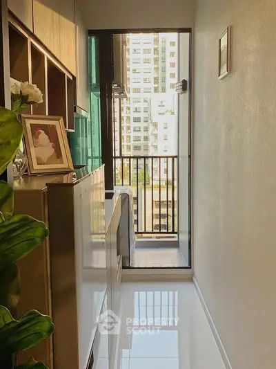 Modern apartment balcony with sleek design and city view, perfect for urban living.