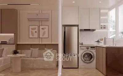 Modern open-plan living room with integrated kitchen and appliances.