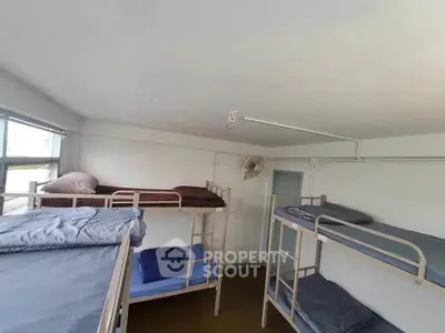 Spacious dormitory room with multiple bunk beds and natural light.