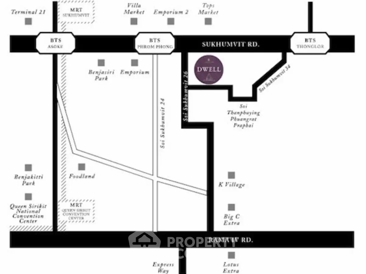 Map showing real estate location near Sukhumvit Road with nearby amenities and transport links.