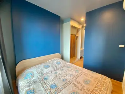 Cozy bedroom with blue accent wall and wooden flooring