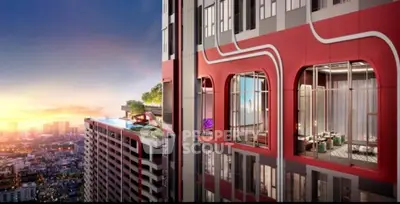 Stunning high-rise building with rooftop pool and city view at sunset.