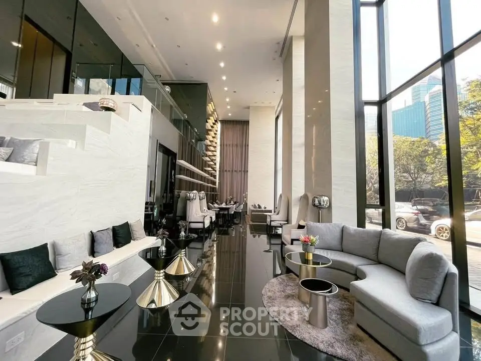 Luxurious modern living room with high ceilings and elegant decor