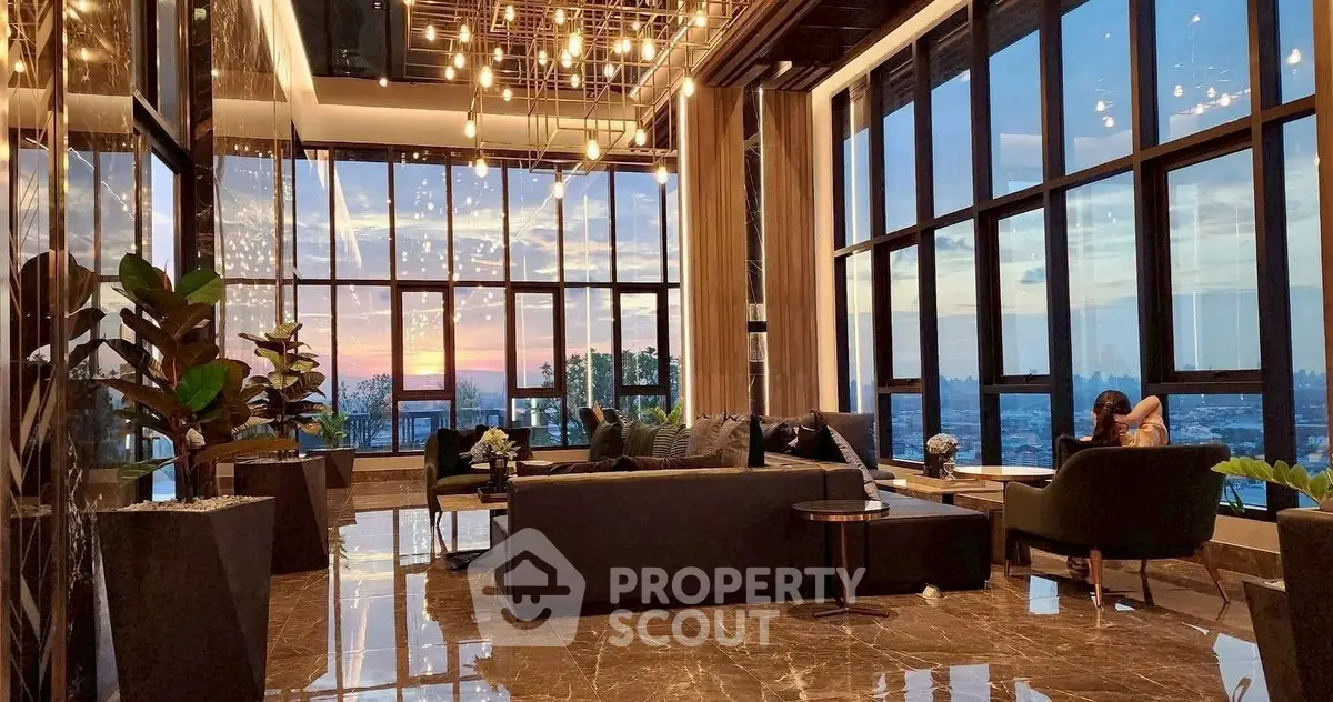 Luxurious living room with panoramic city view and elegant lighting