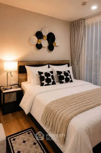 Cozy bedroom with stylish decor and warm lighting, featuring a comfortable bed and elegant curtains.