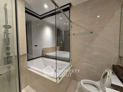 Luxurious bathroom with modern bathtub and elegant tile design