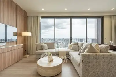 Luxurious living room with panoramic city view, modern furniture, and elegant decor.