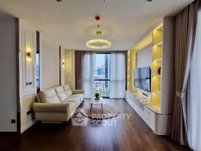 Luxurious living room with modern decor, large windows, and city view, perfect for urban living.