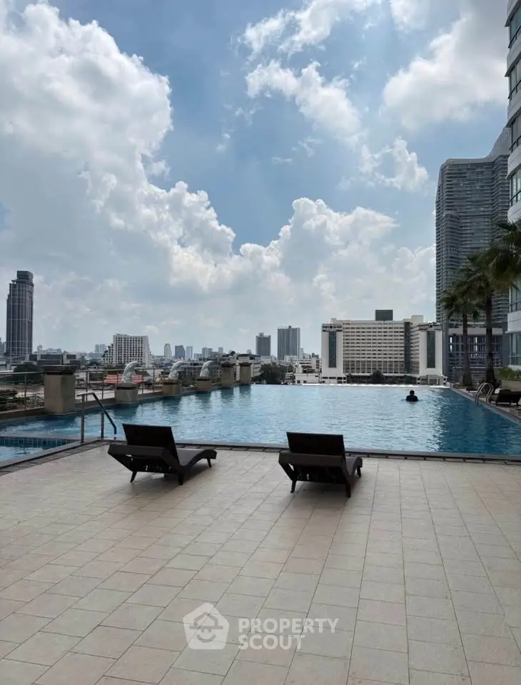 Luxurious rooftop pool with stunning city skyline views and lounging chairs.