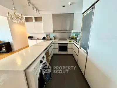 Modern kitchen with sleek white cabinets and integrated appliances in open layout