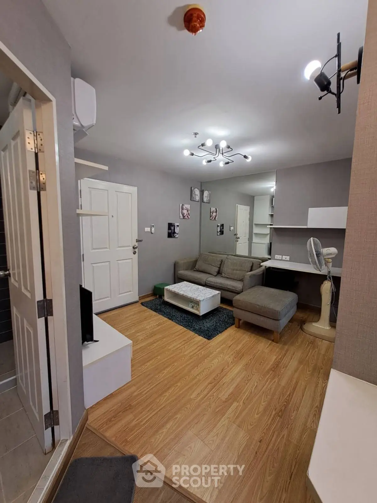 Modern living room with stylish decor and cozy seating area