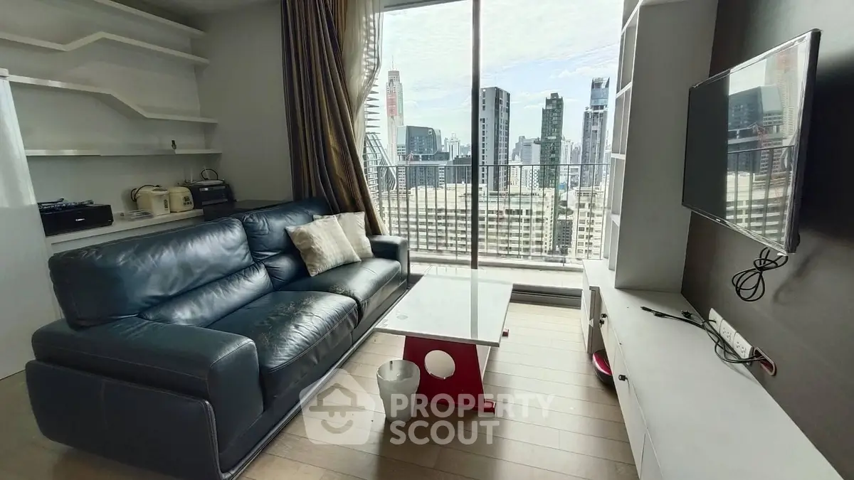 Modern living room with city view, featuring sleek leather sofa and wall-mounted TV, perfect for urban living.