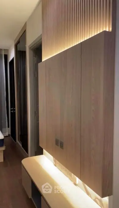 Modern interior with sleek wooden paneling and ambient lighting