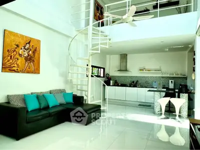 Stunning modern living room with spiral staircase and open kitchen layout, featuring elegant decor and high ceilings.