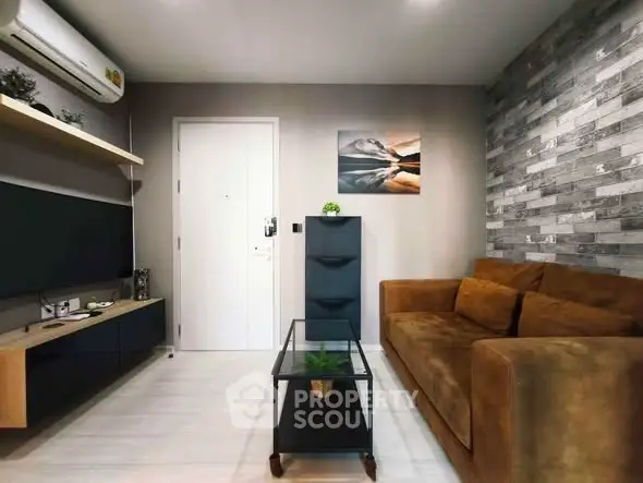 Modern living room with stylish decor and cozy brown sofa