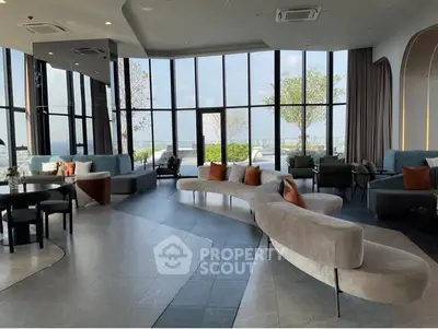 Luxurious modern living room with panoramic city views and stylish furniture