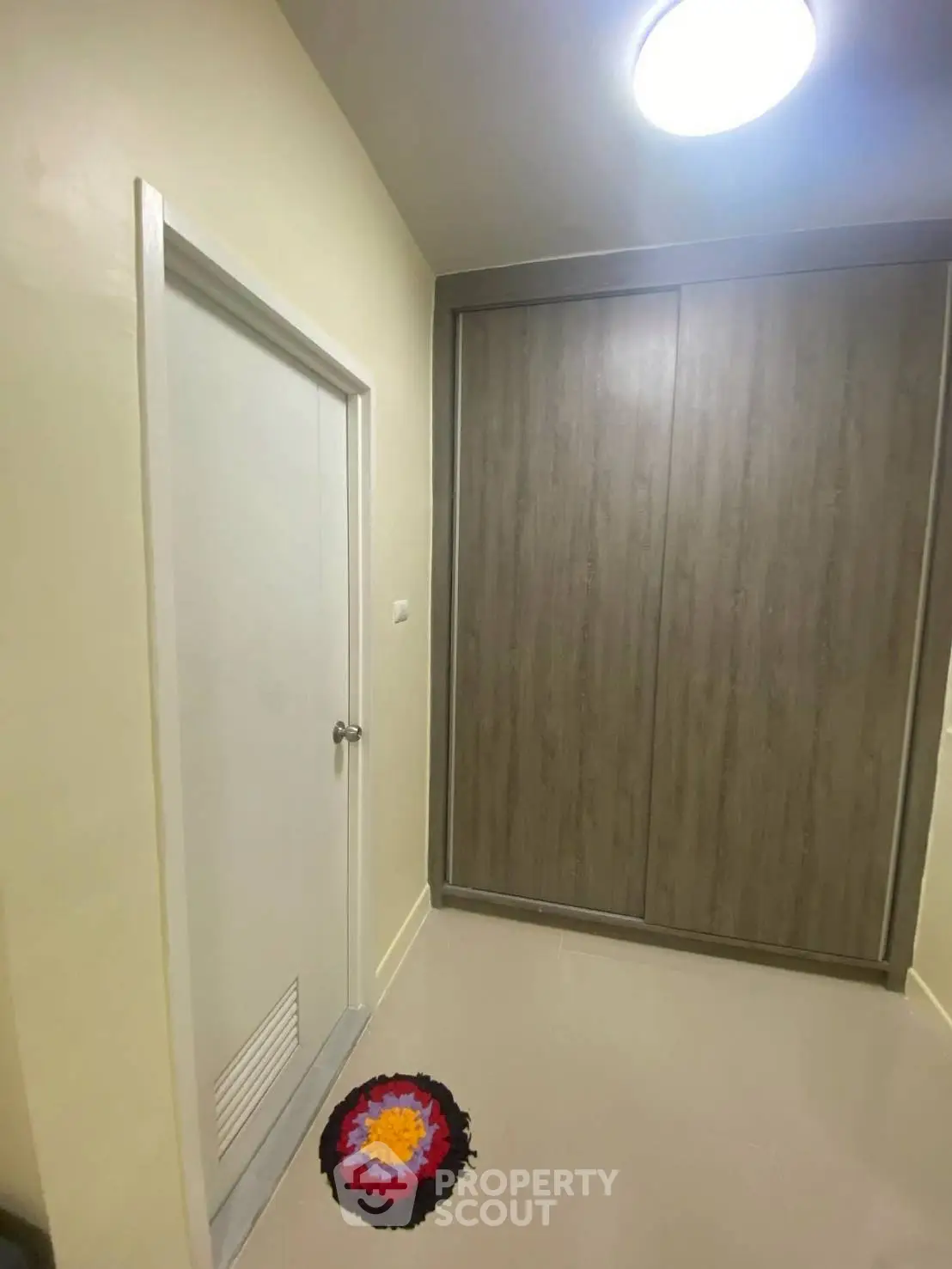 Modern interior with sleek closet and decorative floor mat