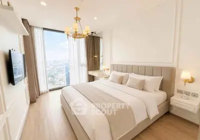 Luxurious bedroom with panoramic city view and elegant decor