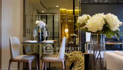 Luxurious dining area with elegant decor and plush seating in modern apartment.