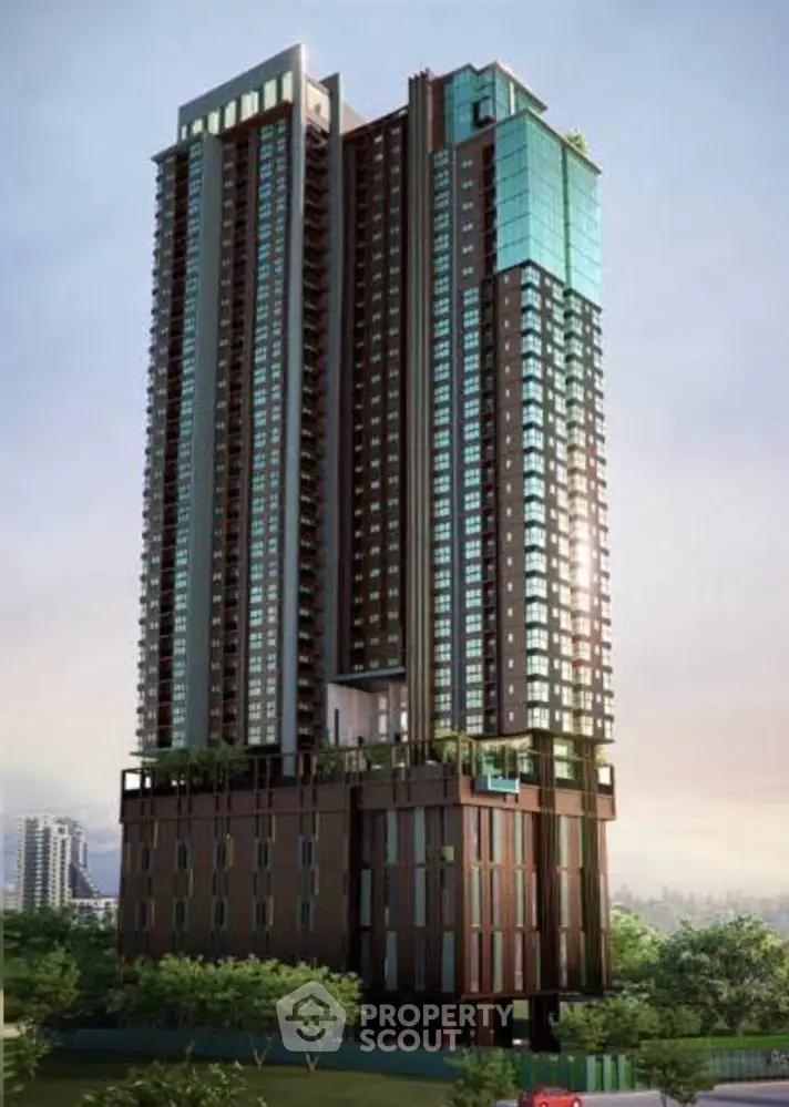 Stunning high-rise building with modern architecture and lush surroundings