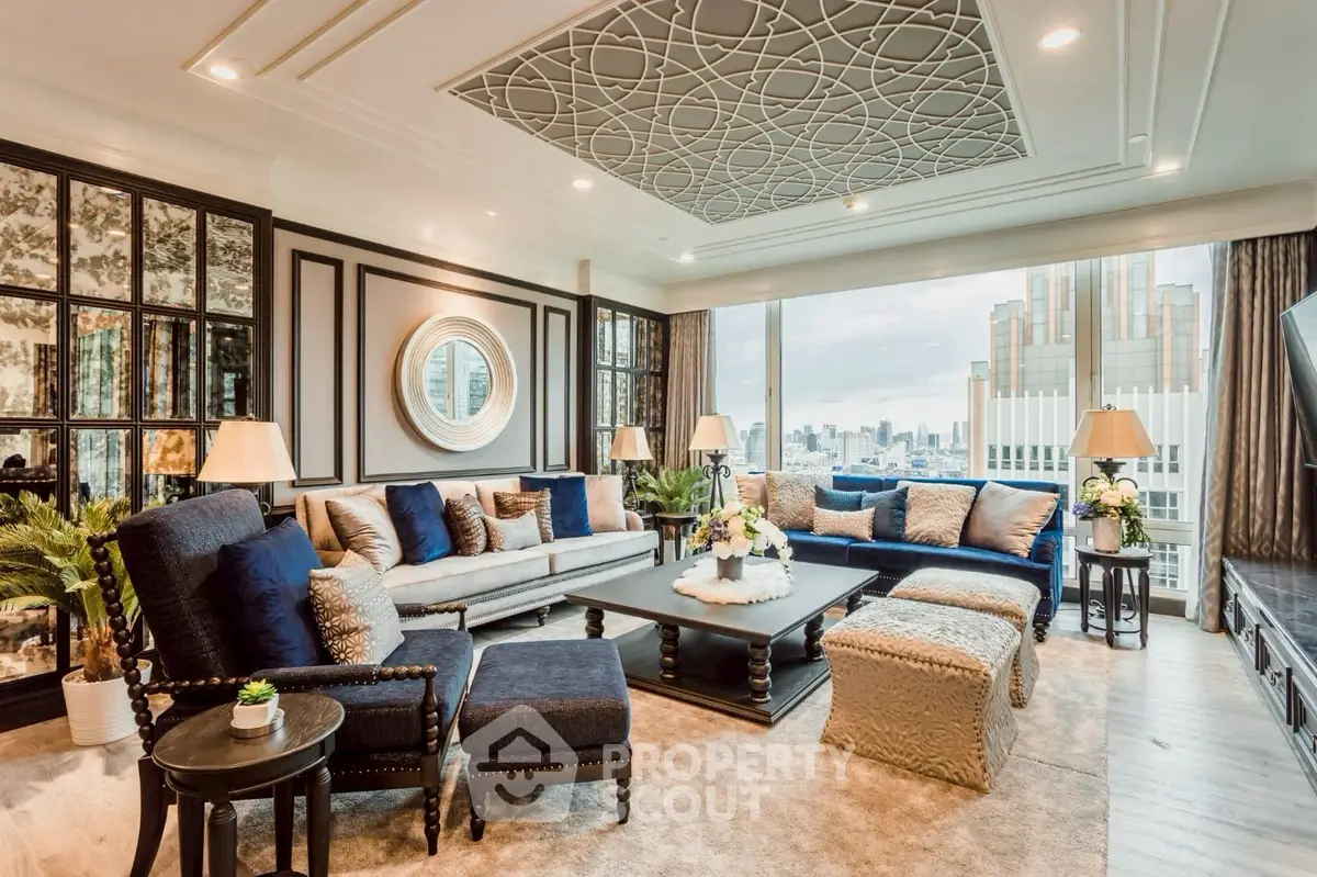 Luxurious living room with elegant decor and stunning city view