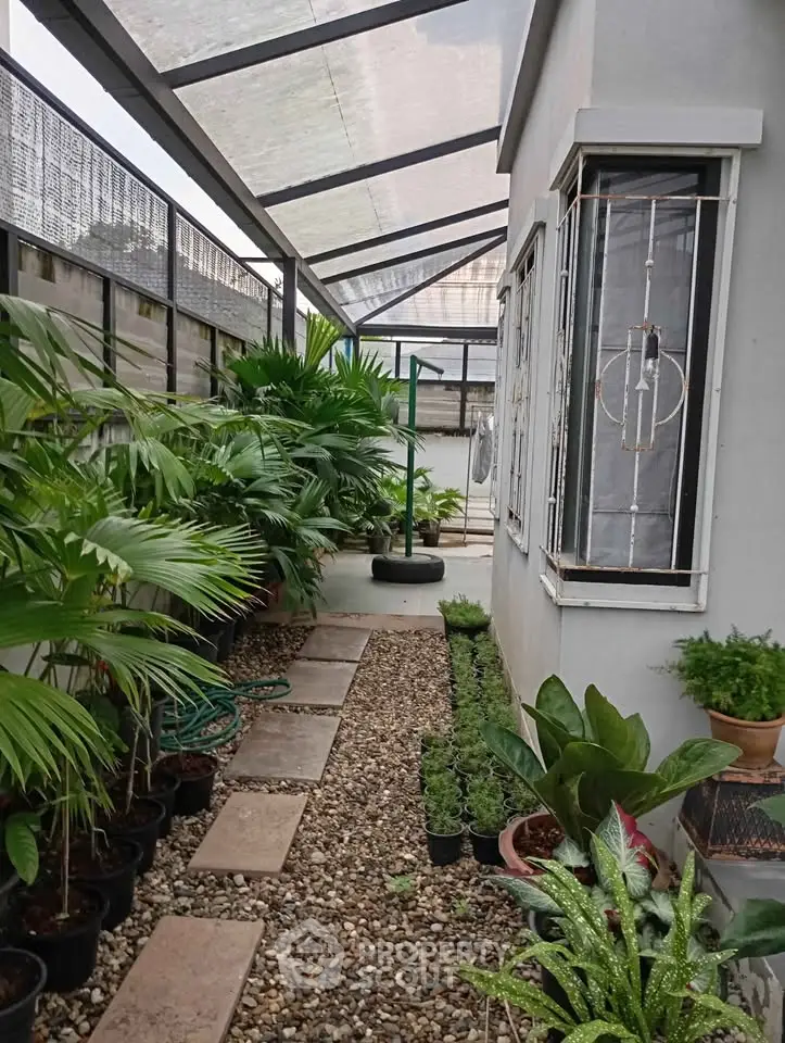 Charming garden pathway with lush greenery and modern exterior design, perfect for urban living.