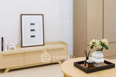 Modern minimalist living room with stylish decor and wooden furniture