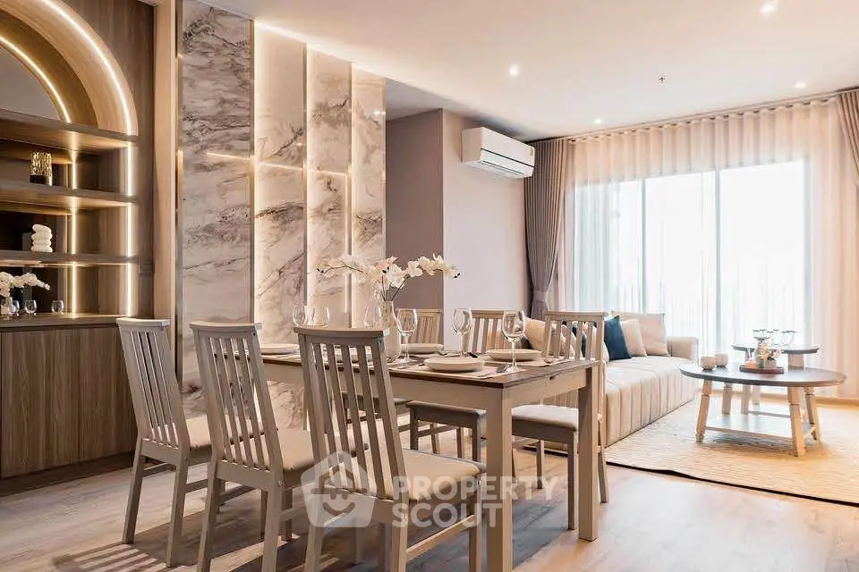 Luxurious modern living room with elegant dining area and natural light