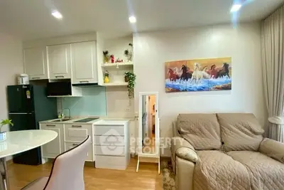 Charming living room with modern kitchen, cozy sofa, and elegant decor in a stylish apartment.