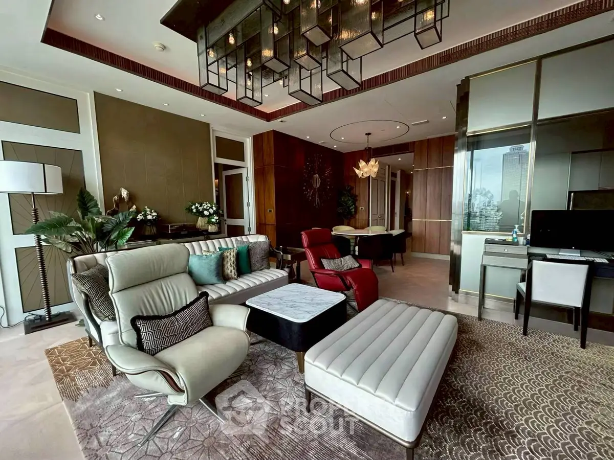 Luxurious living room with modern decor and elegant lighting in a high-end apartment.