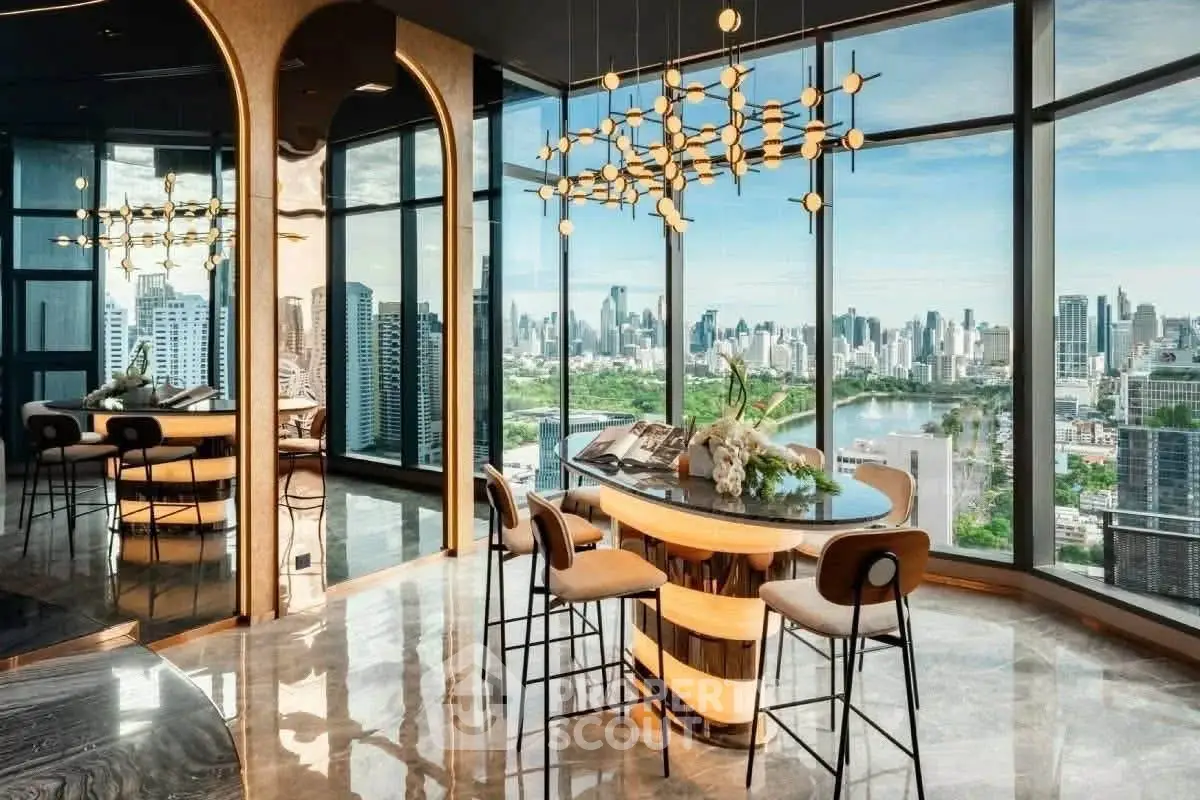 Luxurious high-rise apartment with panoramic city views and elegant modern interior design.