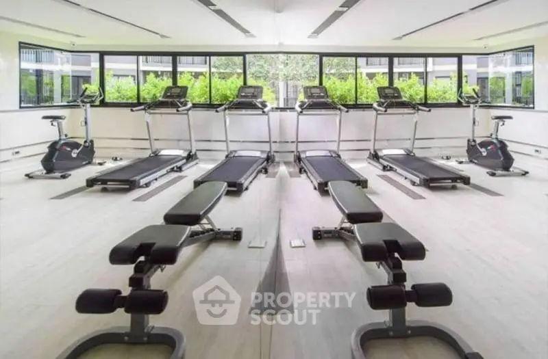Spacious modern gym with treadmills and exercise bikes in a bright, airy setting.