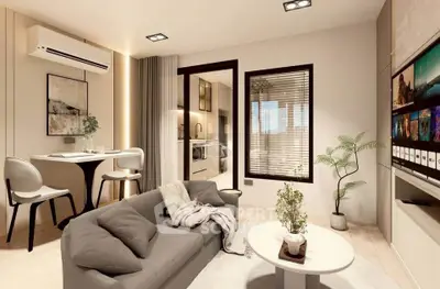 Modern living room with sleek design, cozy sofa, and stylish decor in a contemporary apartment.