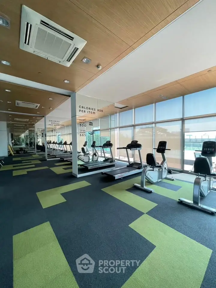 Modern gym with cardio equipment and large windows offering natural light.