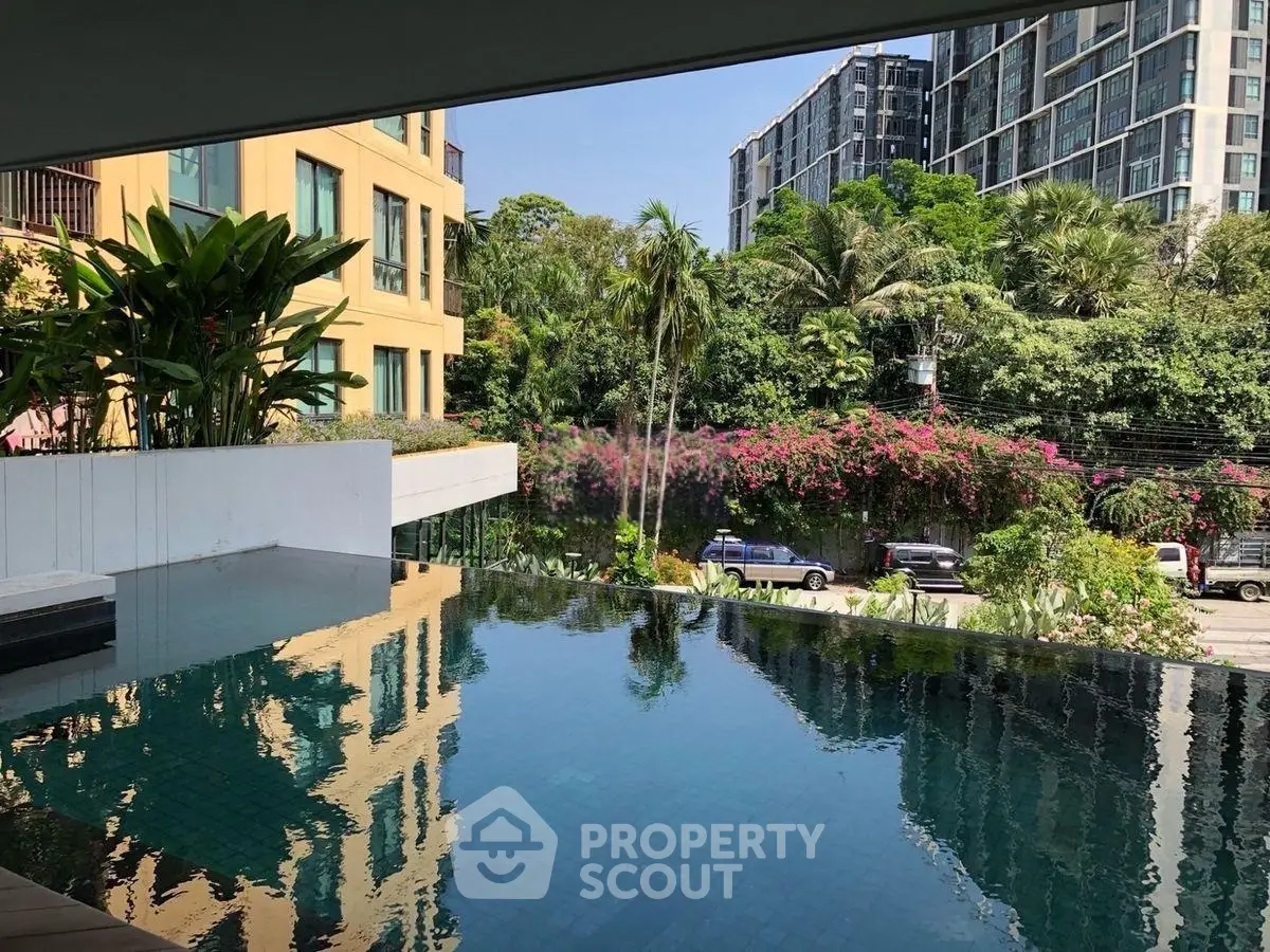 Luxurious urban pool with lush greenery and modern buildings view.