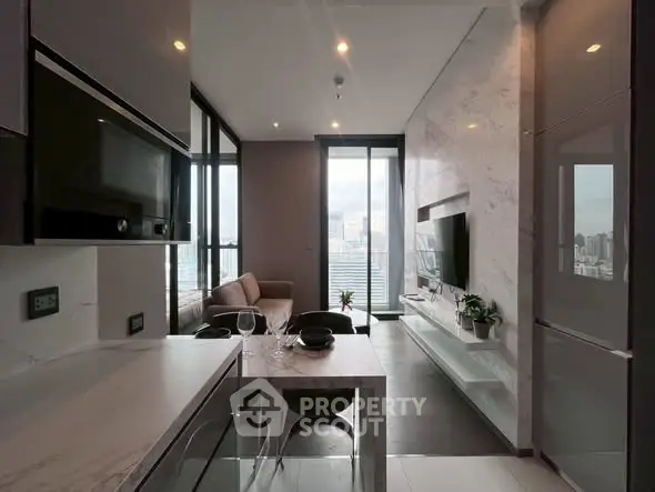 Modern living room with sleek design and city view from balcony