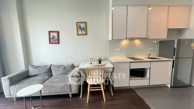 Modern compact living room with sleek kitchen and cozy sofa