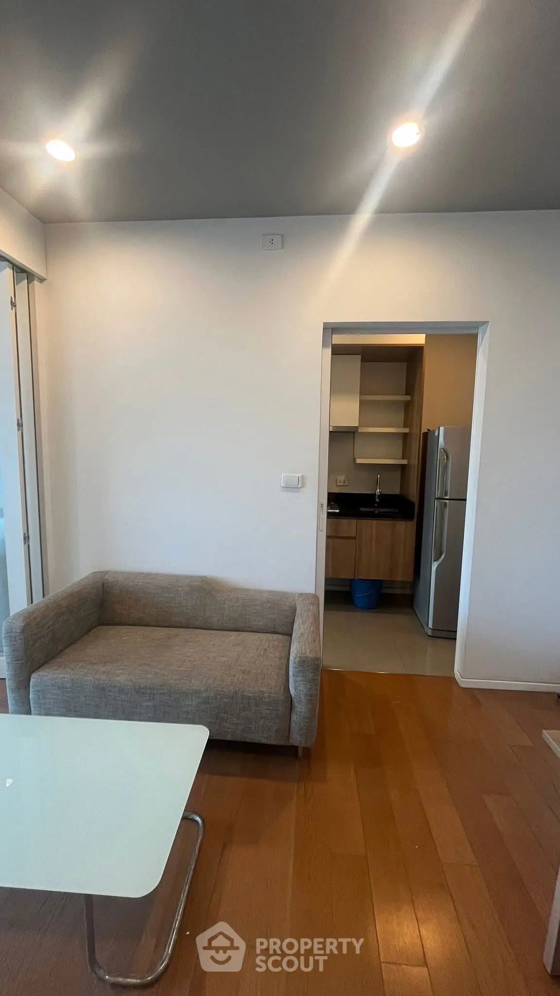 Modern living room with cozy sofa and open kitchen layout, featuring sleek appliances and wooden flooring.