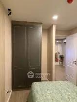 Cozy bedroom with modern wardrobe and soft lighting