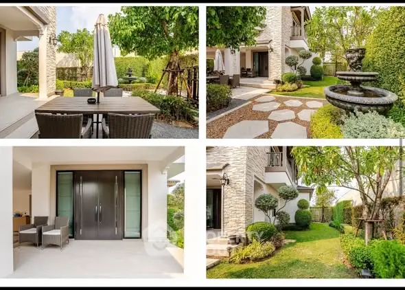 Luxurious garden with elegant patio and lush landscaping in modern home exterior