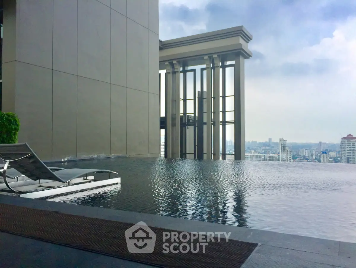 Luxurious rooftop infinity pool with stunning city skyline view, perfect for relaxation and leisure.