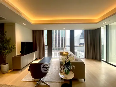 Luxurious living room with modern decor and stunning city view