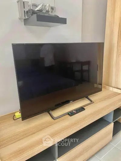 Modern living room with sleek TV and stylish wooden furniture