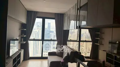 Luxurious living room with stunning city view and modern decor