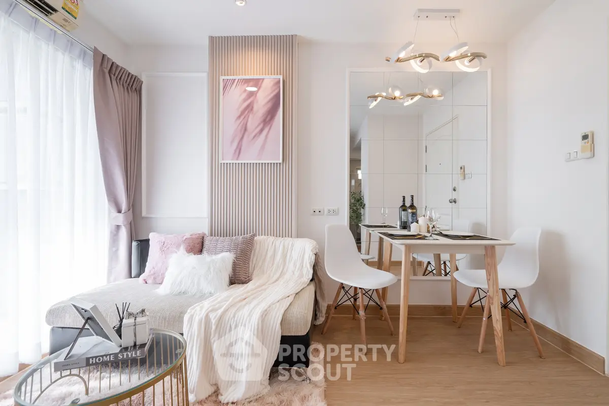 Stylish modern living room with cozy decor and elegant dining area