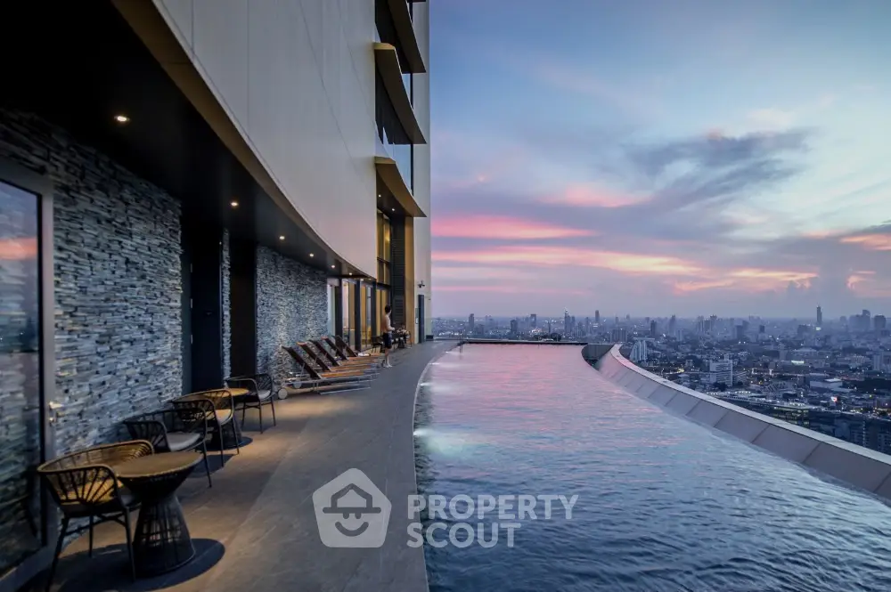 Luxurious rooftop infinity pool with stunning city skyline view at sunset.