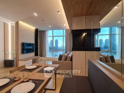 Luxurious modern living room with stunning city view and elegant dining area