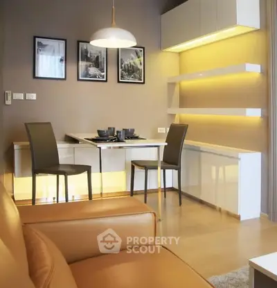 Modern living room with sleek furniture and ambient lighting